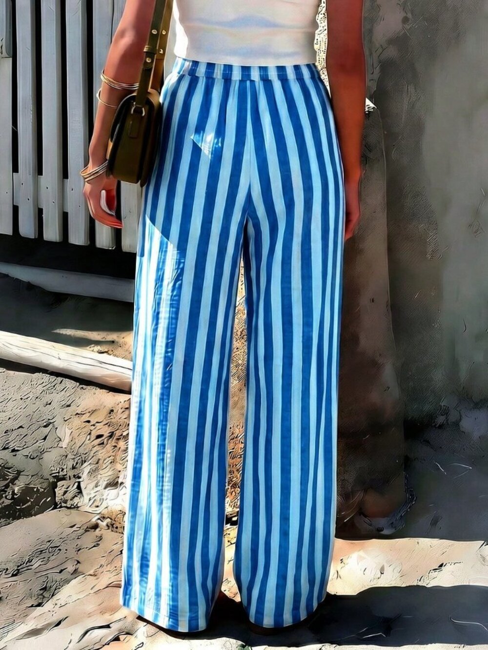 White Casual Women's Striped Woven Wide Leg Beach Pants - Picture 2 of 5